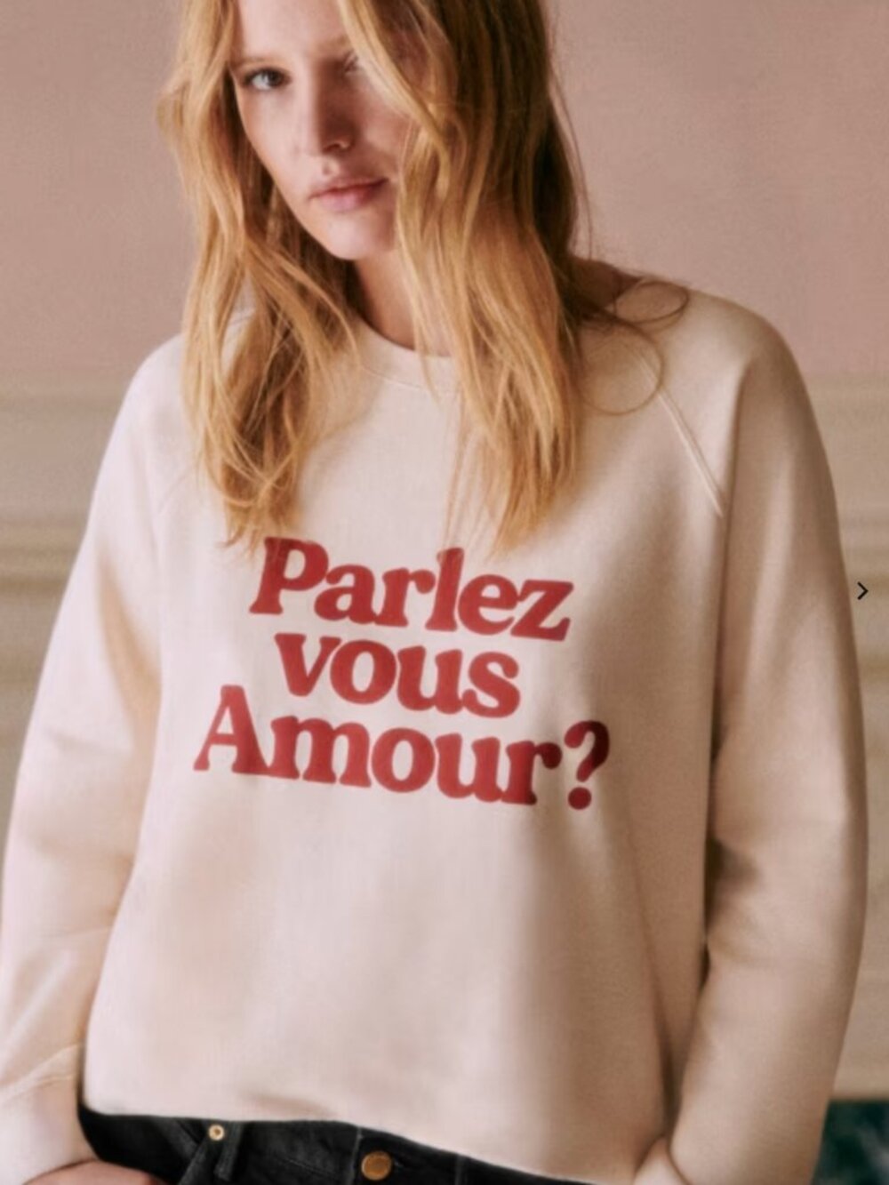 Sezane Cream Crewneck Sweatshirt Red 'Parlez vous Amour?' Solidarity creation